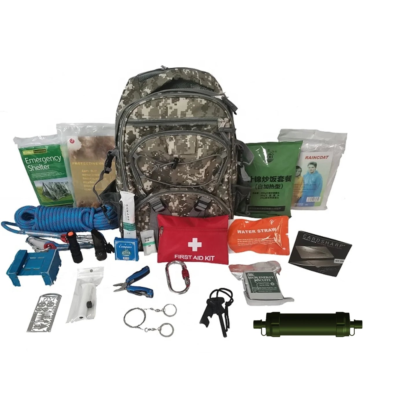 Whole Set of Multi Outdoor Tactical  Survival Gear Pack with  Tool Kit Survival Water Filter Straw  Purifier