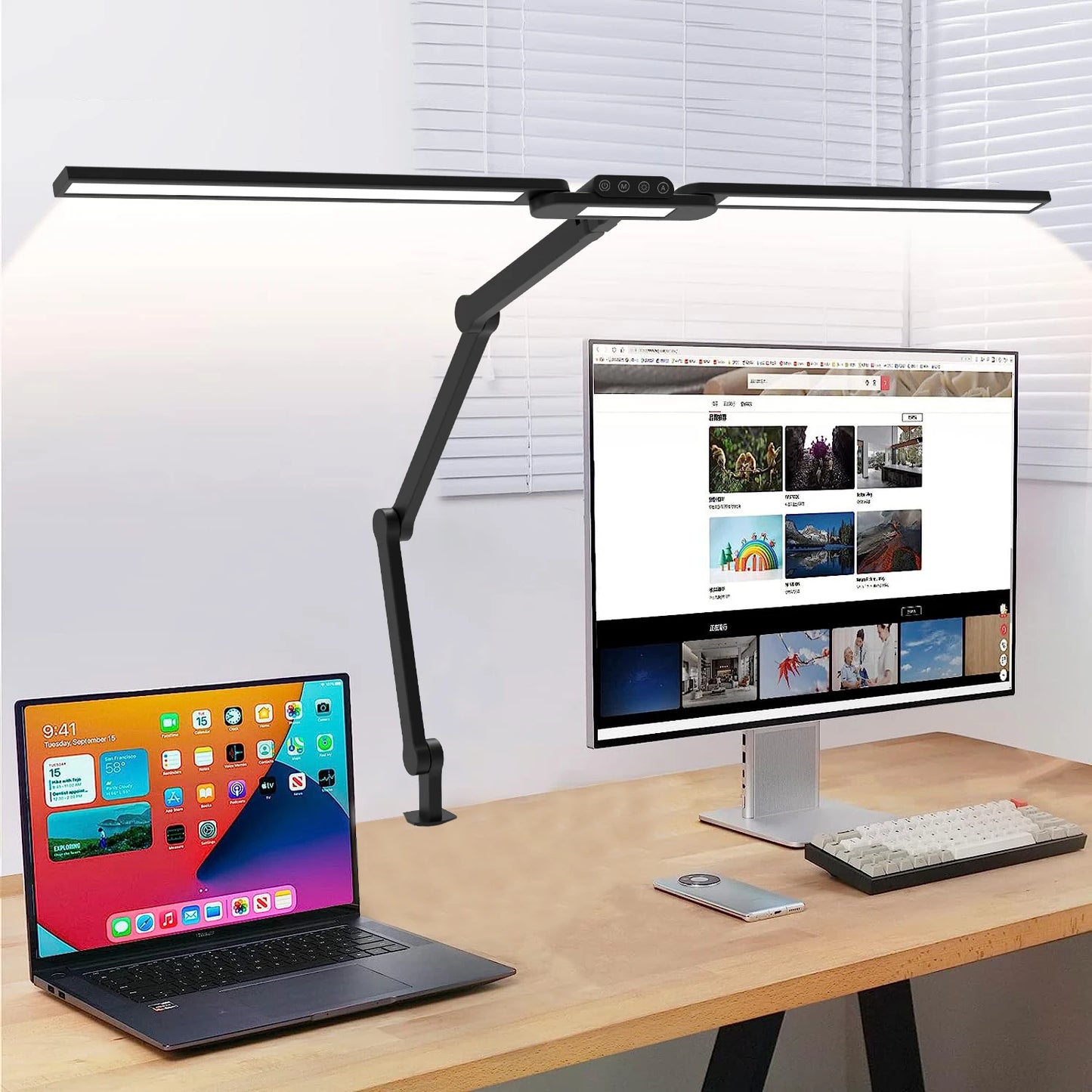 Funderled LED Desk Lamp for Home Office Flexible Architect Desk Light, Double Head 24W Desk Lamp with Clamp
