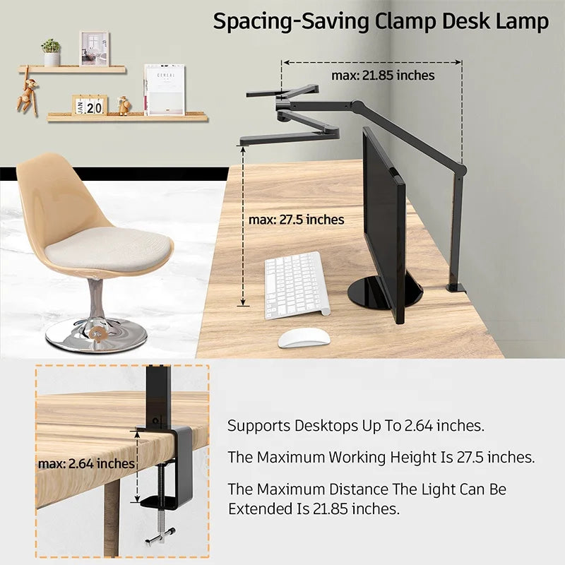 2022 New  Arrival Swing Arm Desk Lamp for Home Office Ultra Wide Metal Folding Led Desk Lamp with Clamp