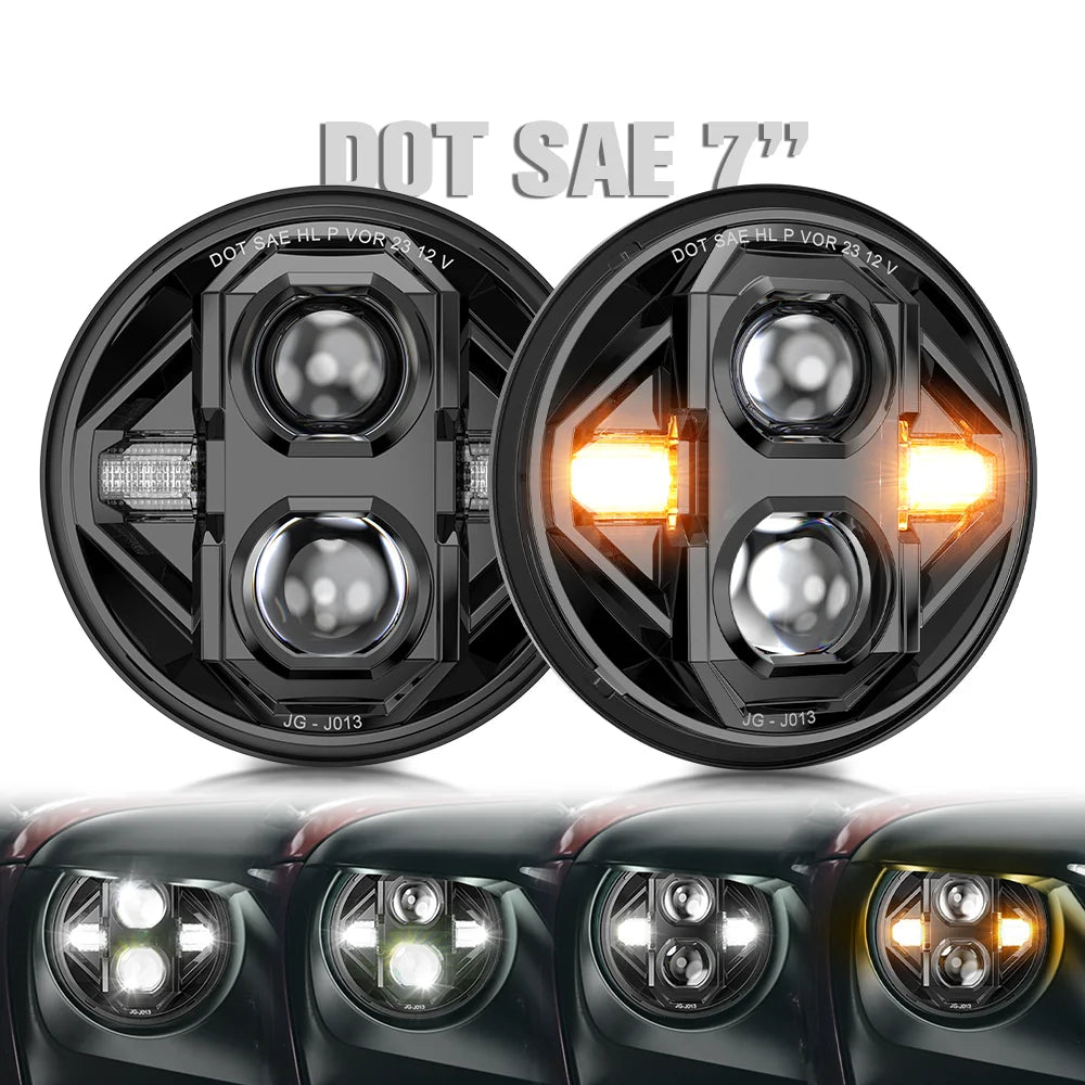White Amber Angle Eyes DRL Turn Singal High Low Beam 7 Inch Round Led Headlights for Jeep Wrangler