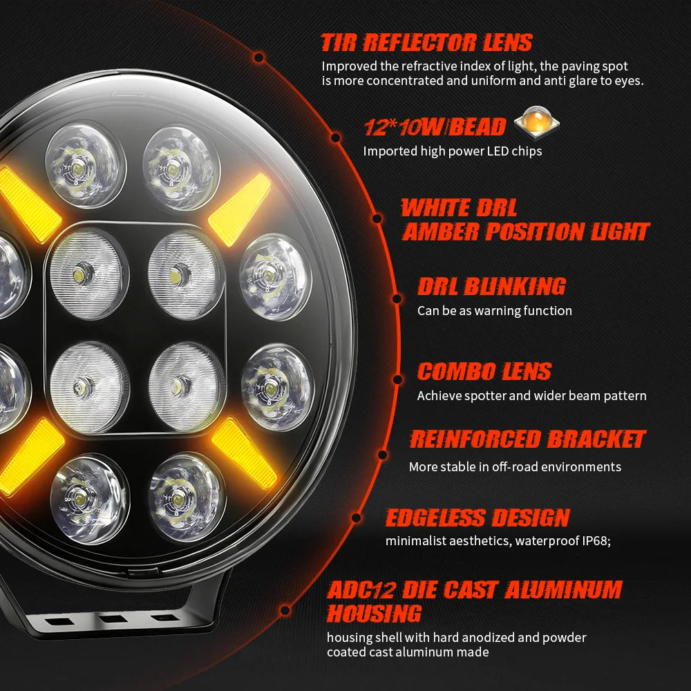 White Amber DRL Strobe Truck Work Lamp 9inch Round Combo LED Pods Car Driving Light 240W 13200LM on Front Bumper for Offroad 4WD