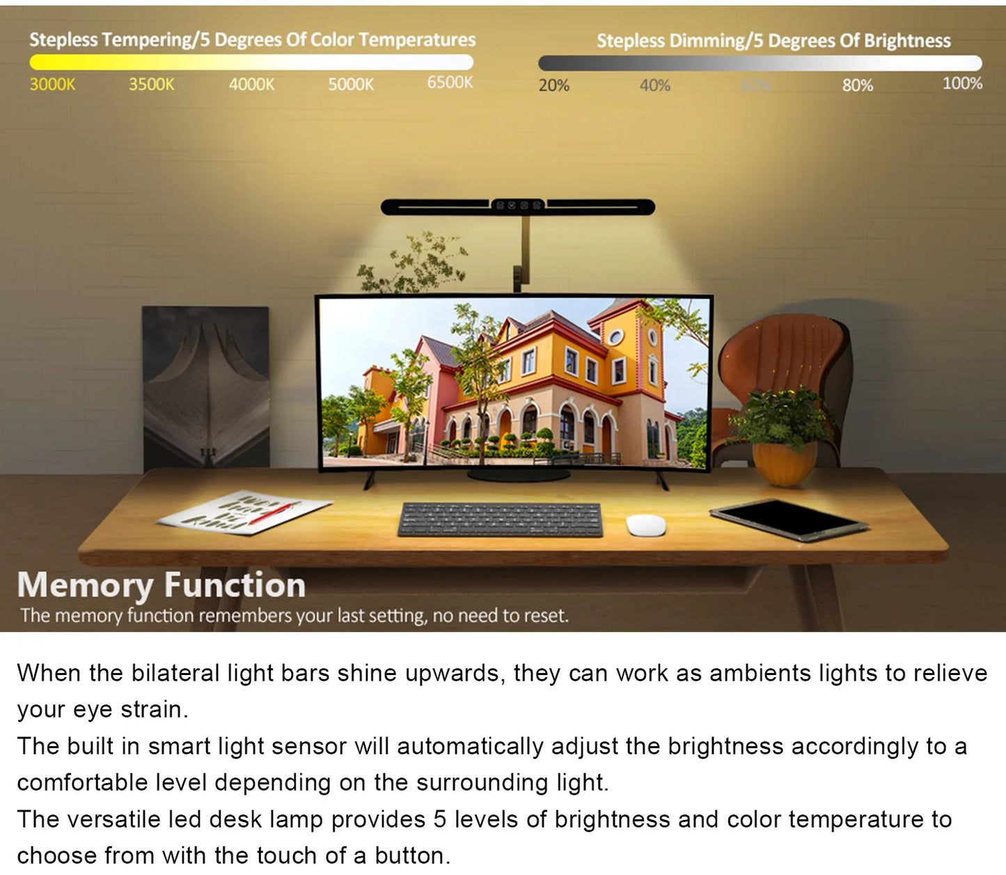 LED Desk Lamp With Clamp, 12W Eye-Caring Swing Arm Table Lamp, Stepless Dimming Adjustable Color Temperature Reading Lamp Led