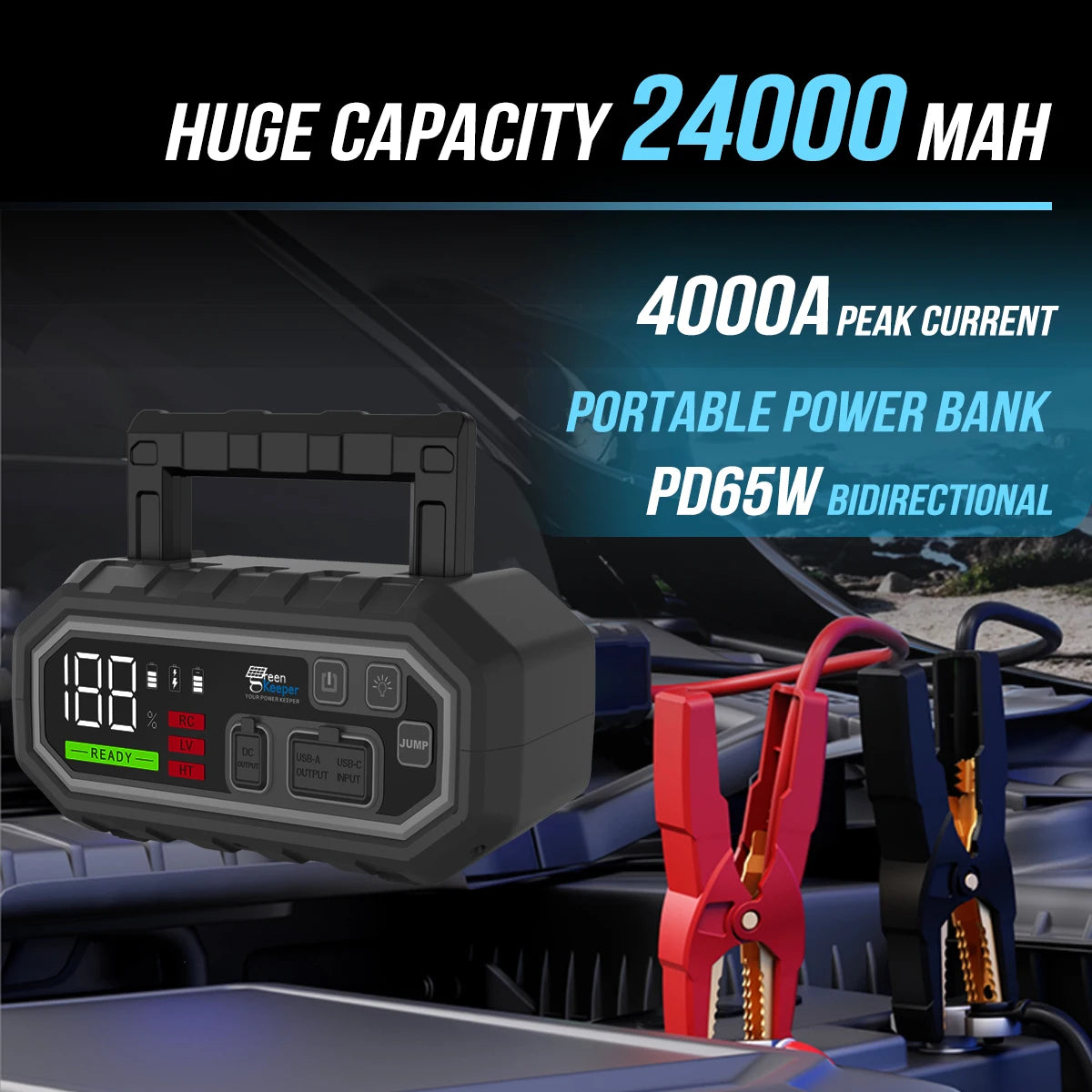 GK-J1205 Outdoor Super Peak 4000A 10.L Gasoline Vehicle Powerbank Car Jump Starter With PD 60W Flashlight