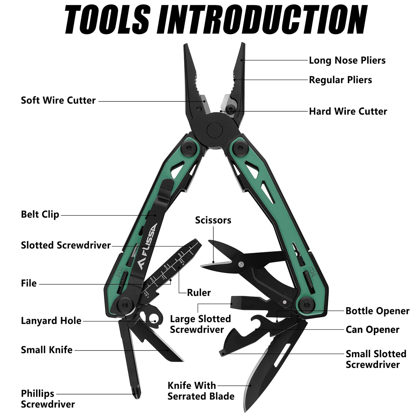 FLISSA 16-in-1 Multi Tool Pliers Stainless Steel EDC Multitool with Pocket Knife for Camping Survival Outdoor Activities