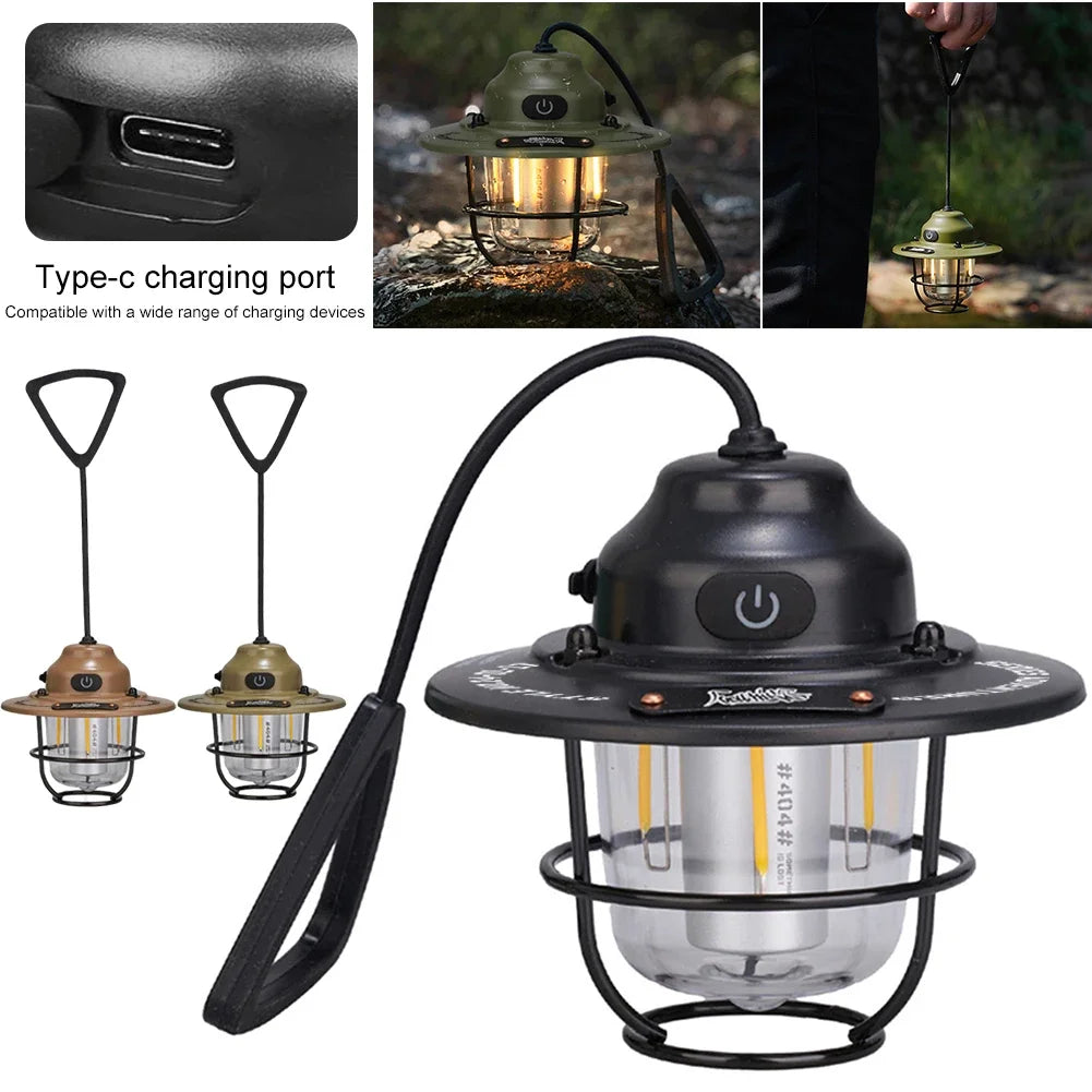 LED Camping Lantern Dimming Emergency Lamp Type C Charging Retro Camping Light 4 Light Modes IPX4 Waterproof for Fishing Camping